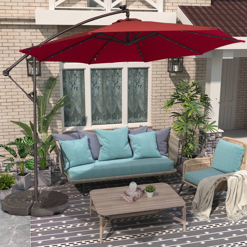 Clihome 10Ft Solar Light Crank Cantilever Patio Umbrella Without Base