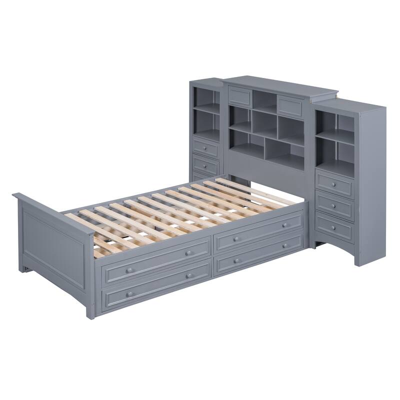 Gray Twin Size Wood Platform Bed with Vertical All-in-One Cabinet and 4 Drawers on each side