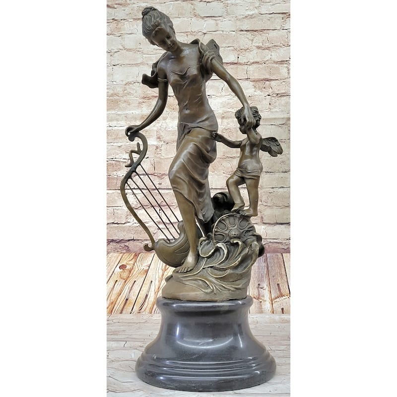 Fantasy Winged Fairy With Mythical Puti Baby Angel Sculpture Signed Moreau Decor