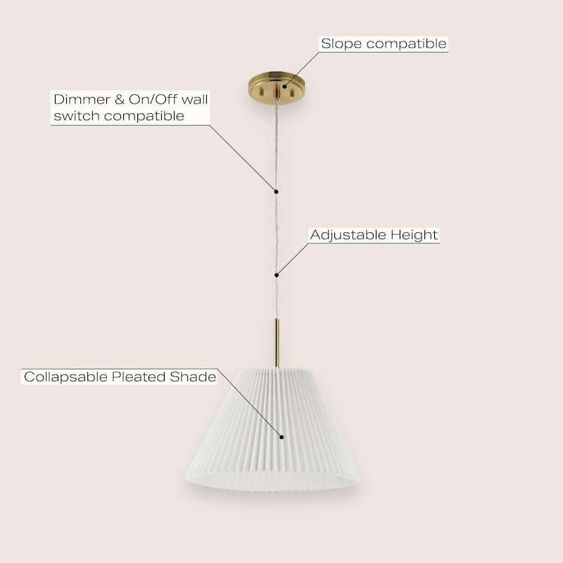 Boden 14.25" 1-Light Classic French Country Iron LED Pendant with Pleated Shade, Brass Gold/White, by JONATHAN Y