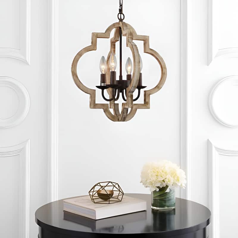 4 - Light Oil Bronzed Lantern Pendant, Wood Antique Medieval Style Geometric Chandelier - Oil Bronzed