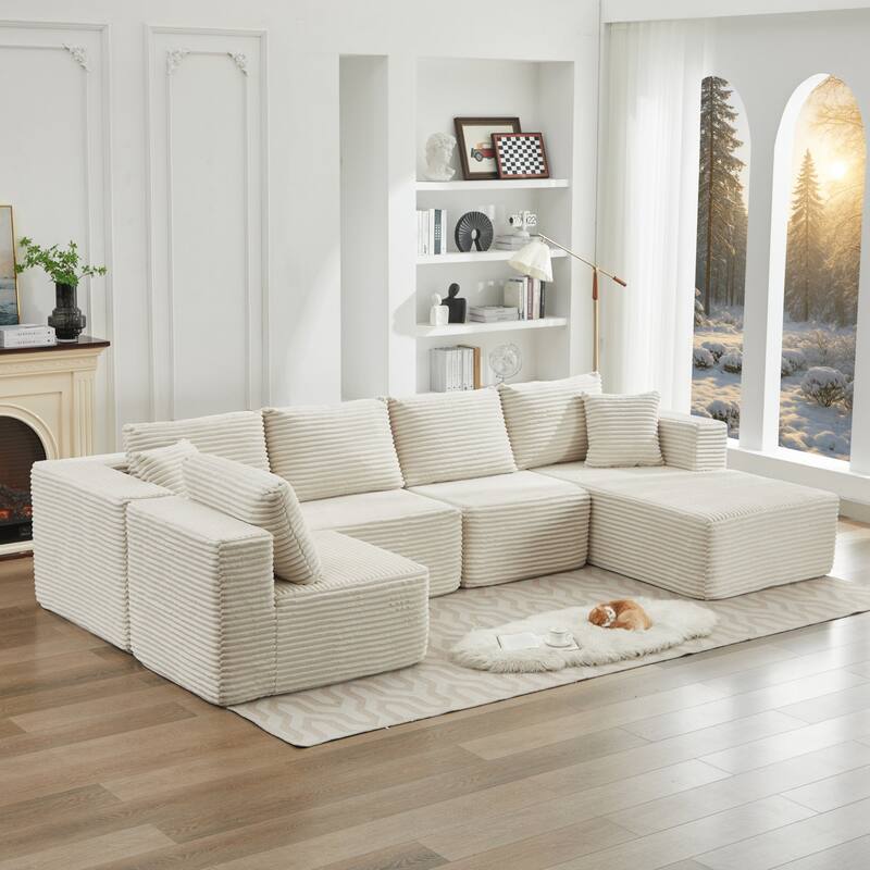 Modular Sectional Sofa with L-Shape Chaise, Oversized Corduroy Upholstered Cloud Sofa, Deep Seat Sofa with 2 Throw Pillows