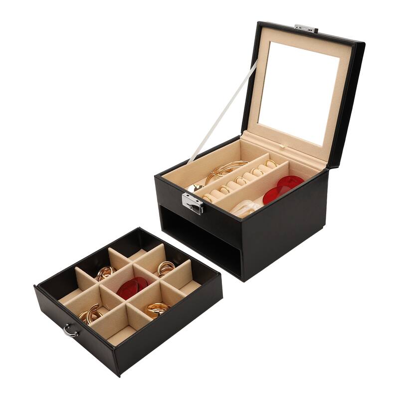 2 Layer Jewelry Box with Mirror for Women Girls Gifts, PU Leather Jewelry Organizer Case Storage Display Holder with Drawer