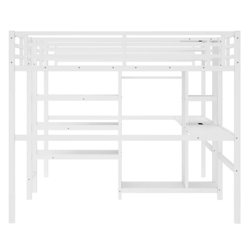 Roomfitters Twin Corner Loft Beds with Double Desk and Wardrobe, Metal Frame with Power Outlets