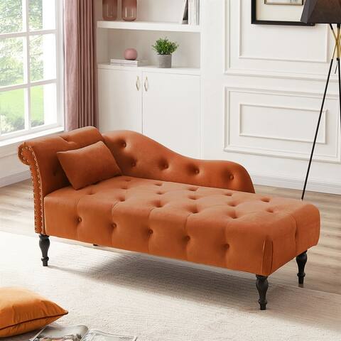 Velvet Chaise Lounge, Buttons Tufted Nailhead Recliner with 1 Pillow