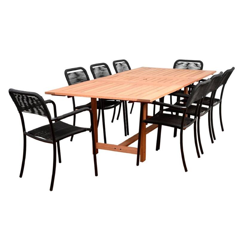 9-Piece Brown and Black Oosterdam Eucalyptus Rectangular Patio Dining Set 92.5"
