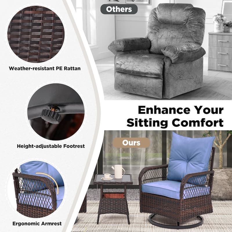 3-Piece Outdoor Rocking/Swivel Chair Set - PE Rattan Patio Furniture with Cushions & Coffee Table, Rocker Chairs for Backyard