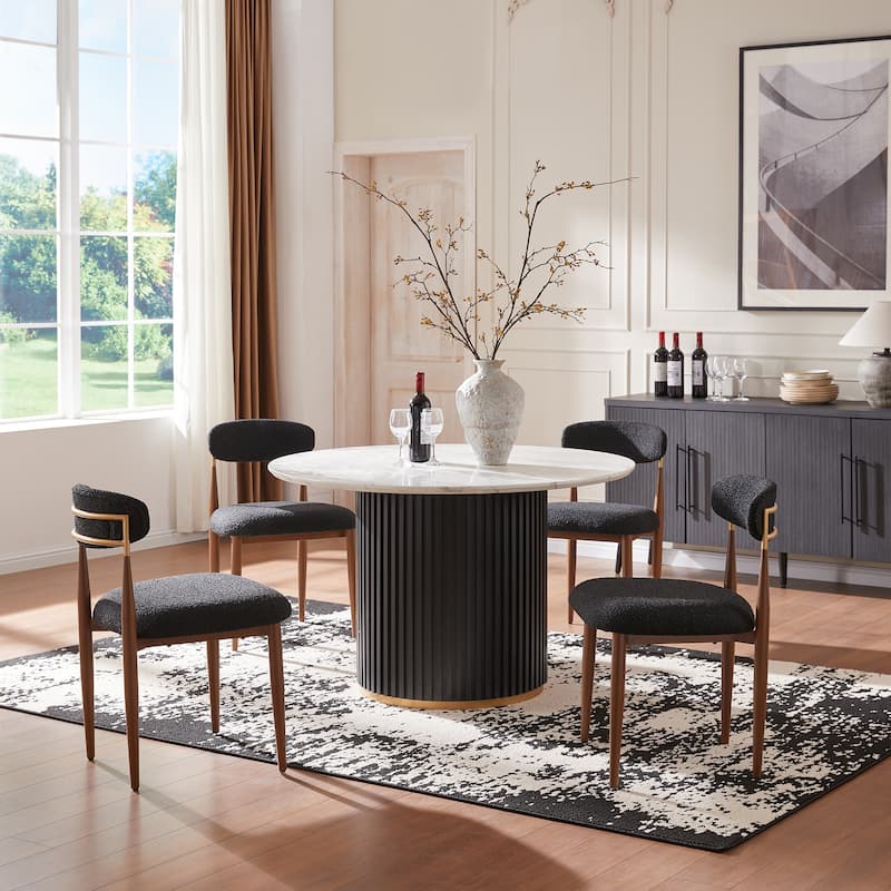 Modern Round Dining Table with Black Metal Base and Golden Trim