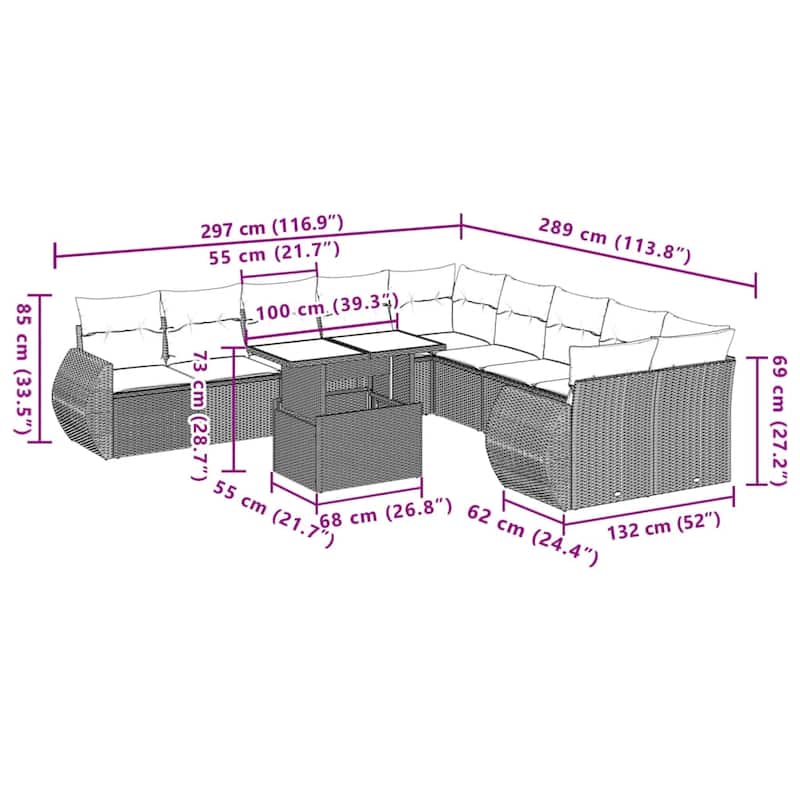 vidaXL Patio Sofa Set with Cushions Outdoor Furniture 11 Piece Poly Rattan - 21.7 x 39.4 x 28.7