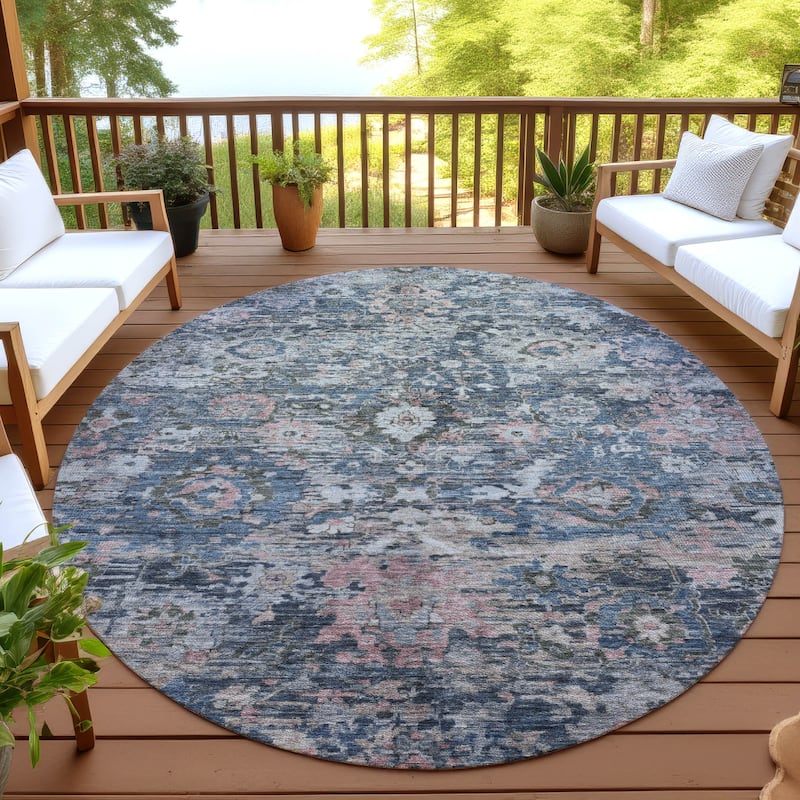 Machine Washable Indoor/ Outdoor Vintage Traditional Chantille Rug - Denim - 8' x 8'