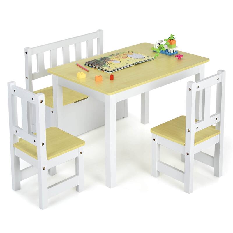 Costway 4 PCS Kids Wooden Activity Table & Chairs Set w/Storage Bench - See Details