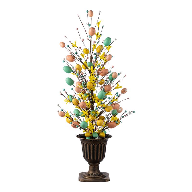 Glitzhome 36"H Easter Egg Berries Flower Urn Porch Tree with 20 Warm White Lights and Timer - Single-Egg & Flower