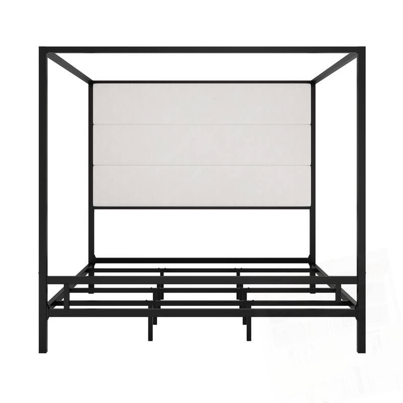 Metal 4-Poster Bed Frame Modern Canopy Upholstered Bed with Tall Upholstered Headboard