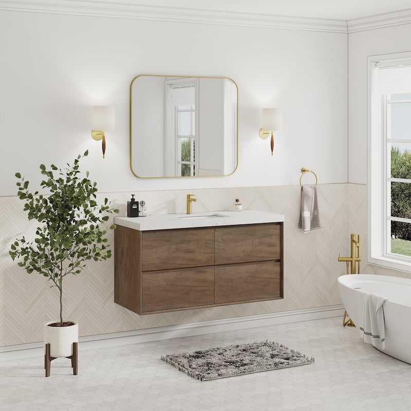 Sylphar 48 inch Bathroom Vanity with Sink, Floating Oak Cabinet with Stone Top