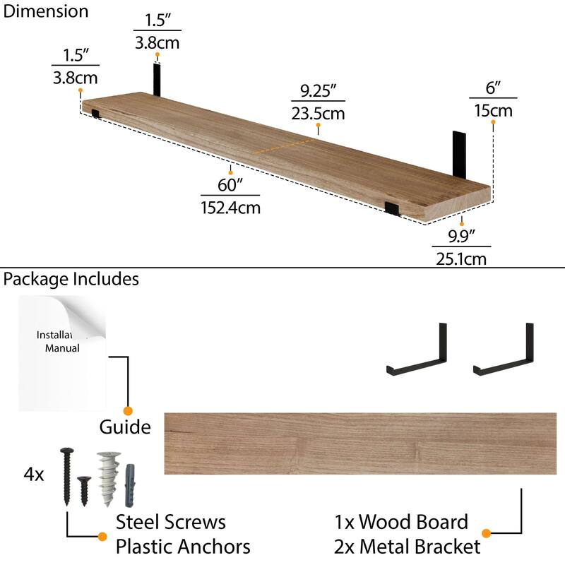 Wallniture Forte Wood Board 60" Long, 9.25'' Deep, 1.5" Thick, Floating Bookshelf for Wall with Heavy Duty Metal Brackets, 1pc