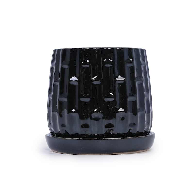 Set of 2 Handmade Ceramic Planters, Includes Saucers, Vertical Ribbed