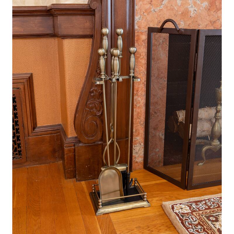 Achla Designs Oxford Set of 4 Fireplace Tools, 30.5 Inch Tall, Black and Polished Brass