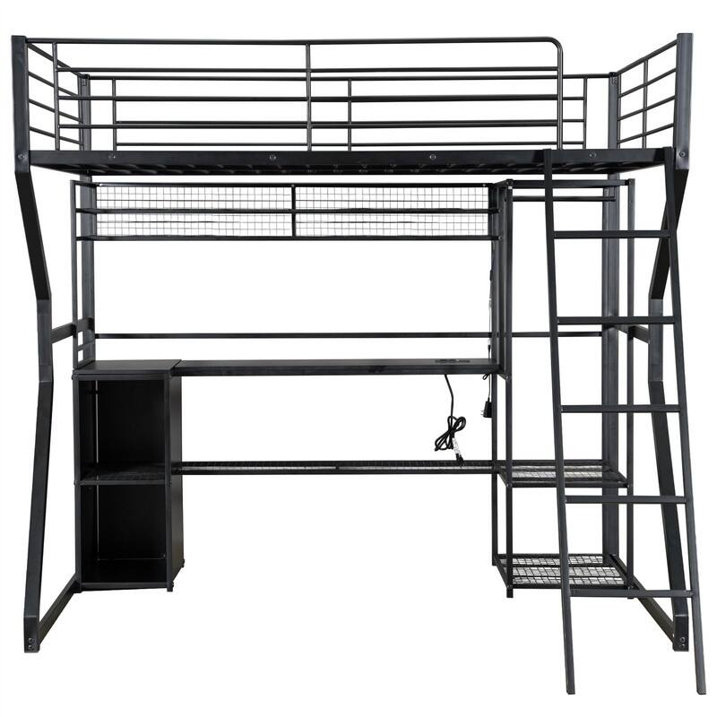 Full Size Gaming Loft Bed with Built-in Work Station, Open Wardrobe and LED Light, Metal Loft Bedframe with Storage Shelves
