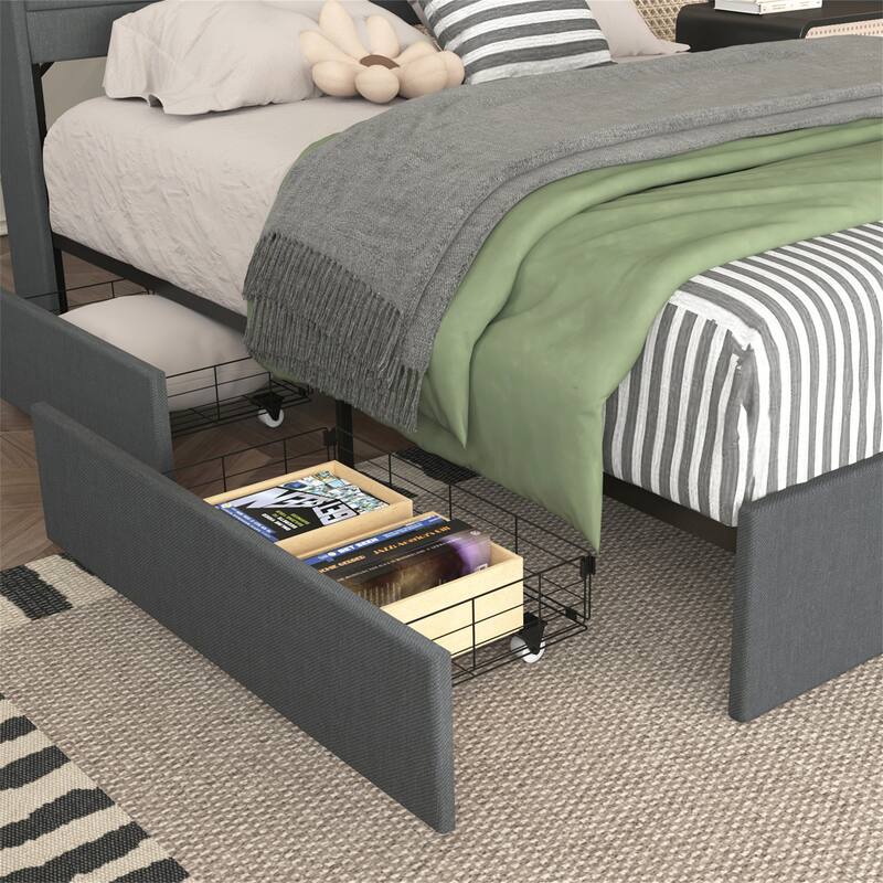 Full/Queen Size LED Upholstered Platform Bed w/ Drawers,Charging Station