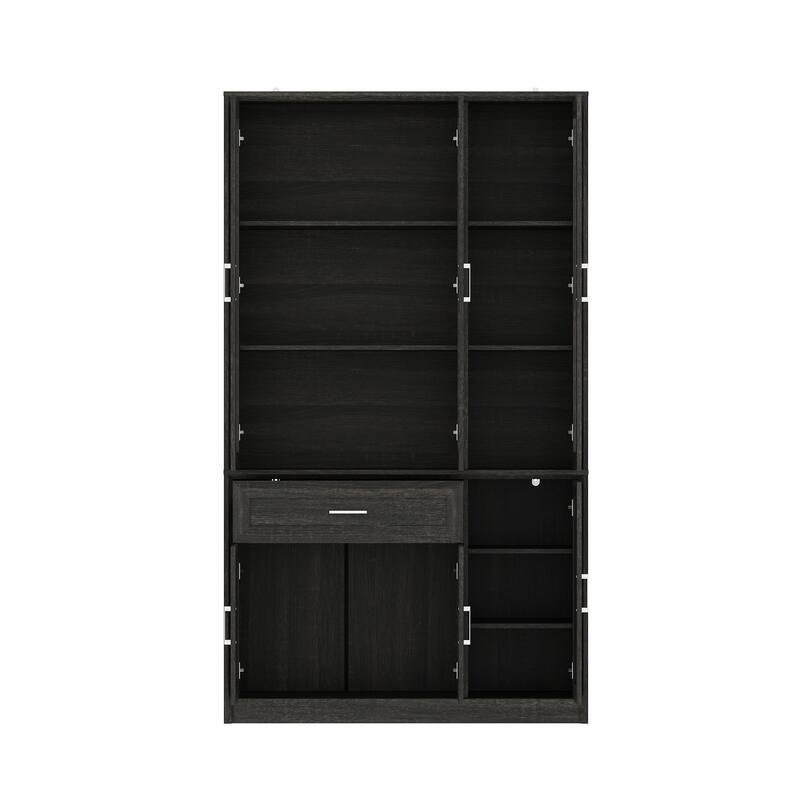 Modular Glass Door Bookcase Wall Unit with Storage Cabinets and Drawers, Dark Oak Display Hutch for Living Room or Home Office