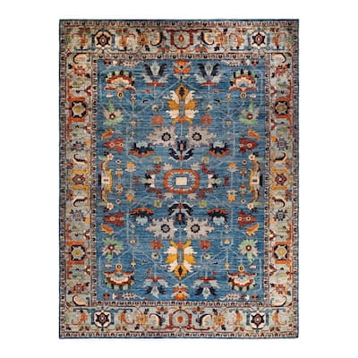 Overton Hand Knotted Wool Vintage Inspired Traditional Serapi Light Blue Area Rug - 8' 11" x 11' 9"