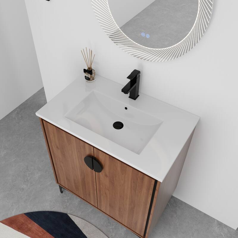 GDFStudio - Levistar Modern Freestanding Bathroom Vanity Cabinet with Ceramic Sink, Soft Close Doors & Metal Tripod - 30"