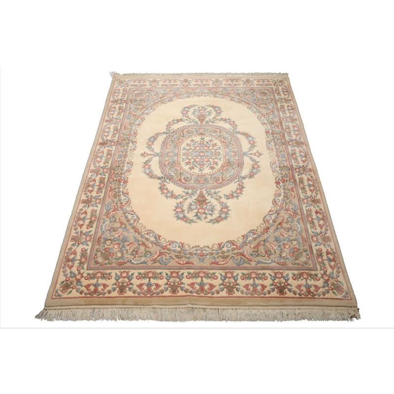 8x10 Hand Knotted Wool Ivory French Aubusson Plush Pile Medallion Rug - 8' x 10'