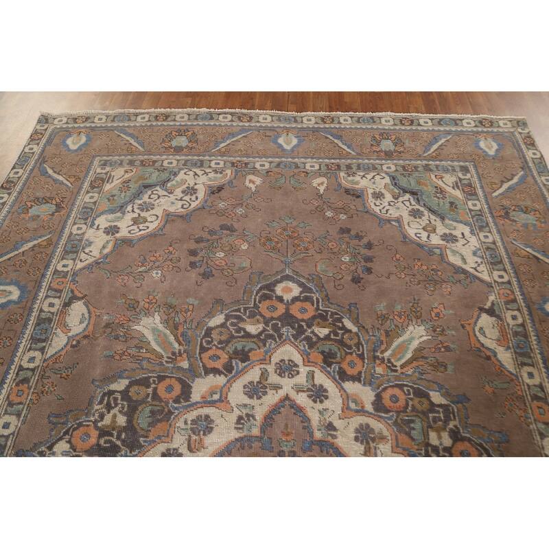 Brown Tabriz Persian Vintage Rug Handmade Wool Carpet - 8'1"x 10'9"