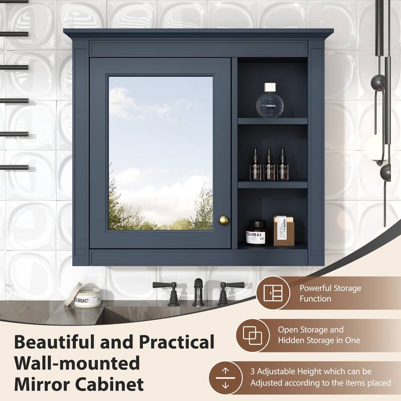 Roomfitters 30'' x 28'' Wall Mounted Bathroom Storage Cabinet with Mirror, Modern Medicine Cabinet with 3 Open Shelves