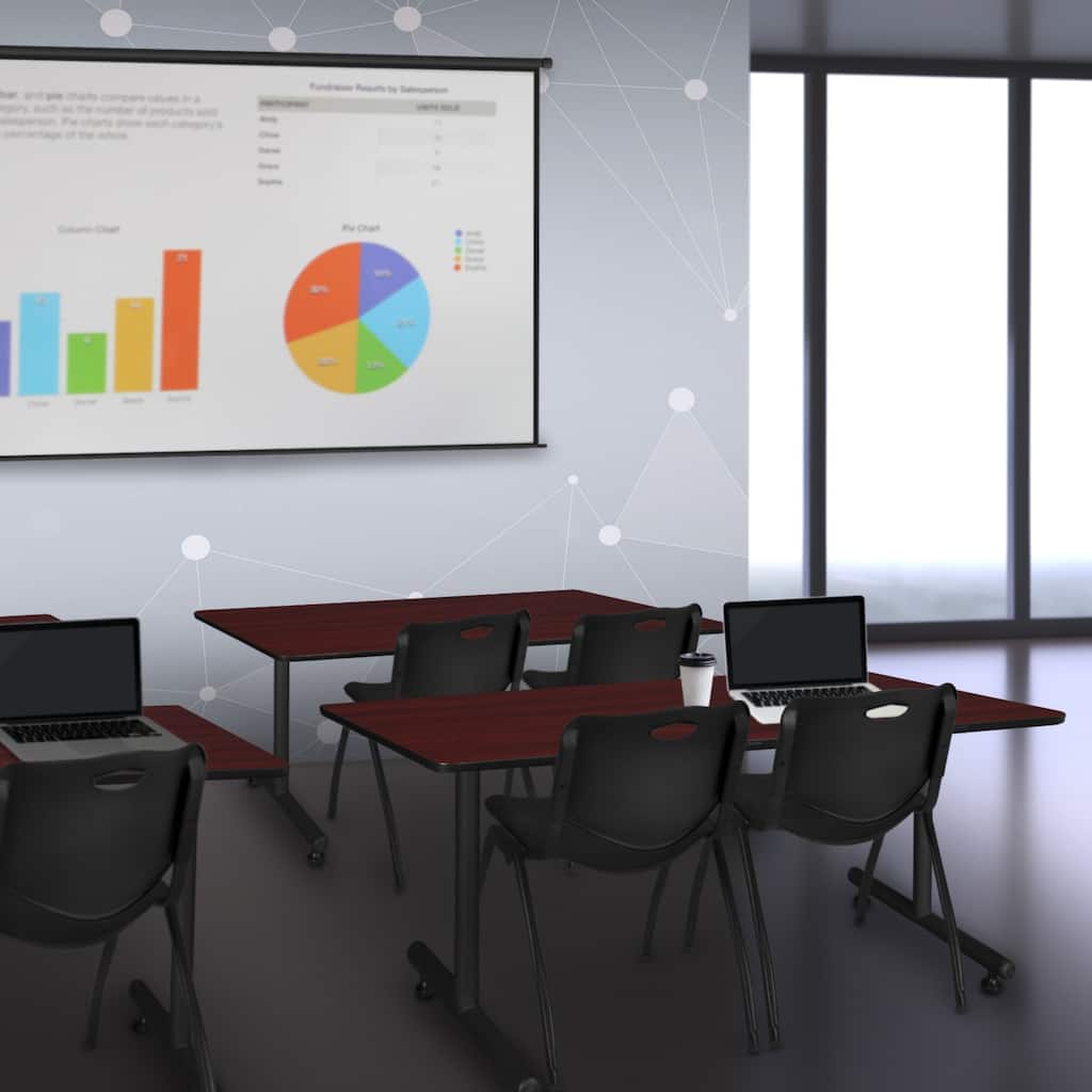 48" x 30" Training Table- Mahogany and 2 "M" Stack Chairs- Black - 48 x 30 inches