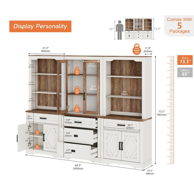 5 Tier Multi--Column Bookshelf Set with Open Storage and Glass Doors