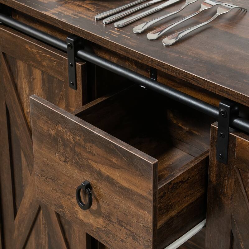 HOMCOM Industrial Farmhouse Buffet Cabinet, Kitchen Sideboard with Sliding Barn Doors, Three Drawers and Adjustable Shelves