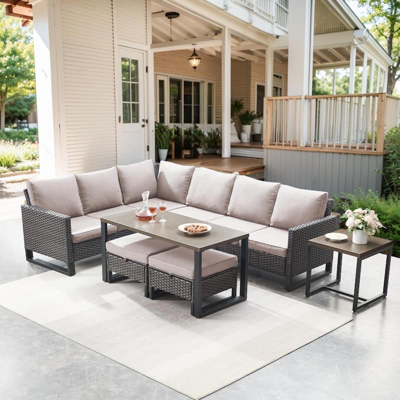 PE Rattan Sectional Sofa, High Back Outdoor Furniture Set - Beige - Brown