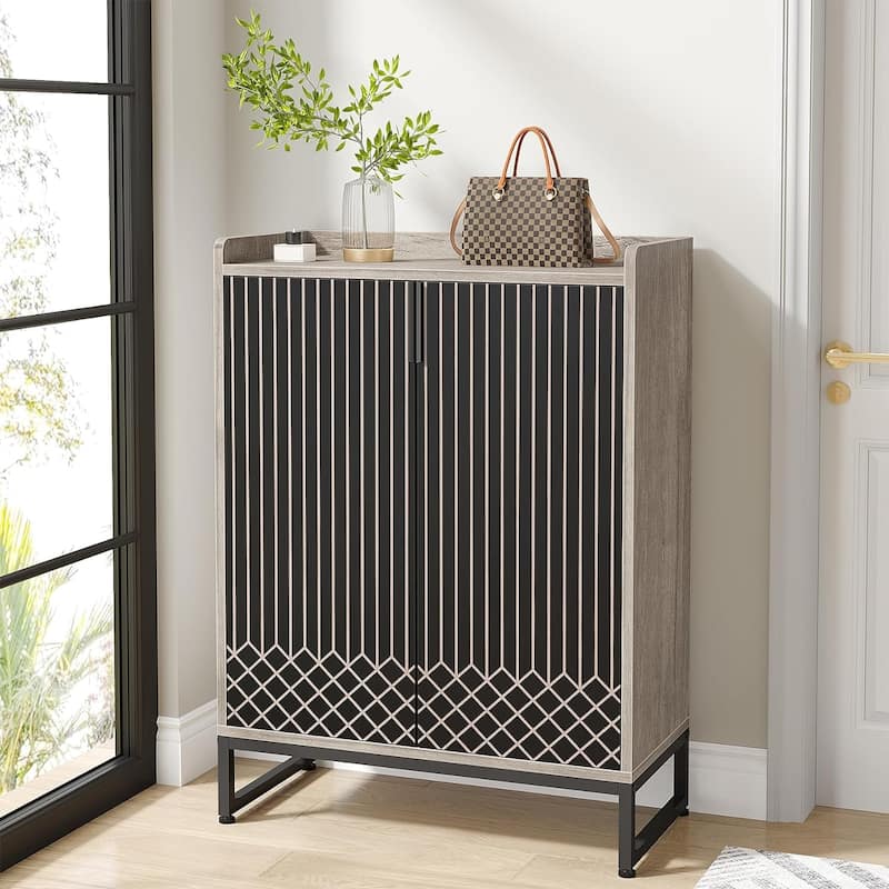 25 Pairs Shoe Cabinet with Doors, White 5-Tier Wood Shoes Organizer - Grey & Black
