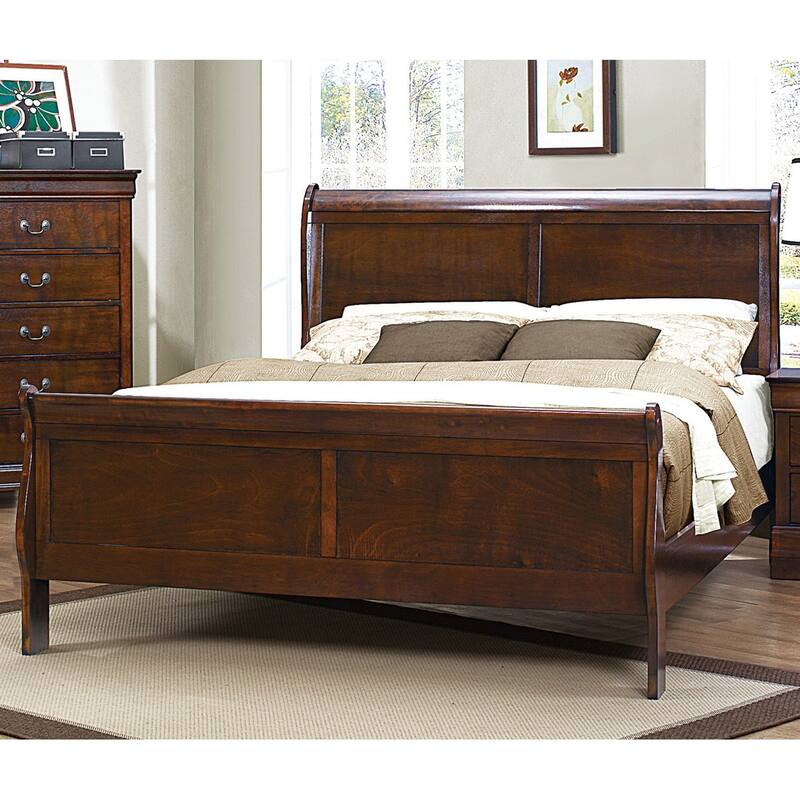 Traditional Queen Size Sleigh Bed in Brown Cherry Finish