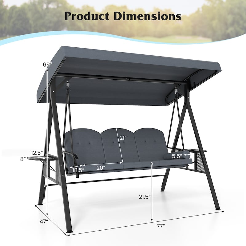 3-Person Patio Swing Chair with Adjustable Canopy and Cushions Side Trays for Outdoor Relaxation - 77" × 47" × 65"