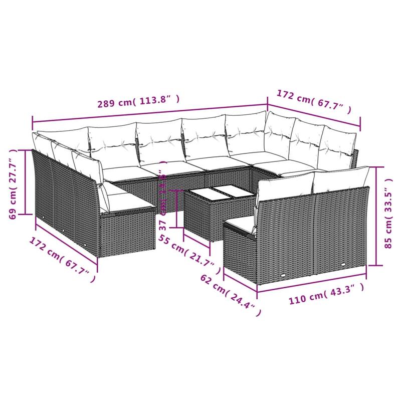 vidaXL Garden Sofa Set Gray PE Rattan, Powder-Coated Steel, Tempered Glass - 21.7 x 21.7 x 14.6