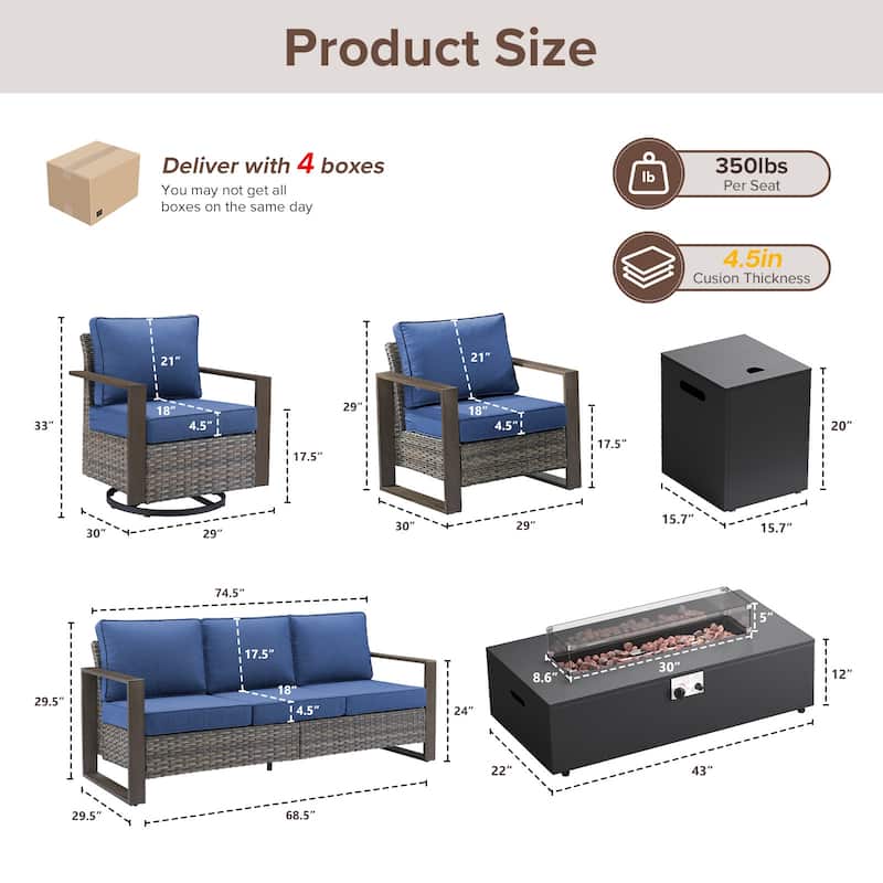 Meyreso Wicker Outdoor Patio Fire Pit Set with Swivel Gliders and 4.5-Inch Olefin Cushions