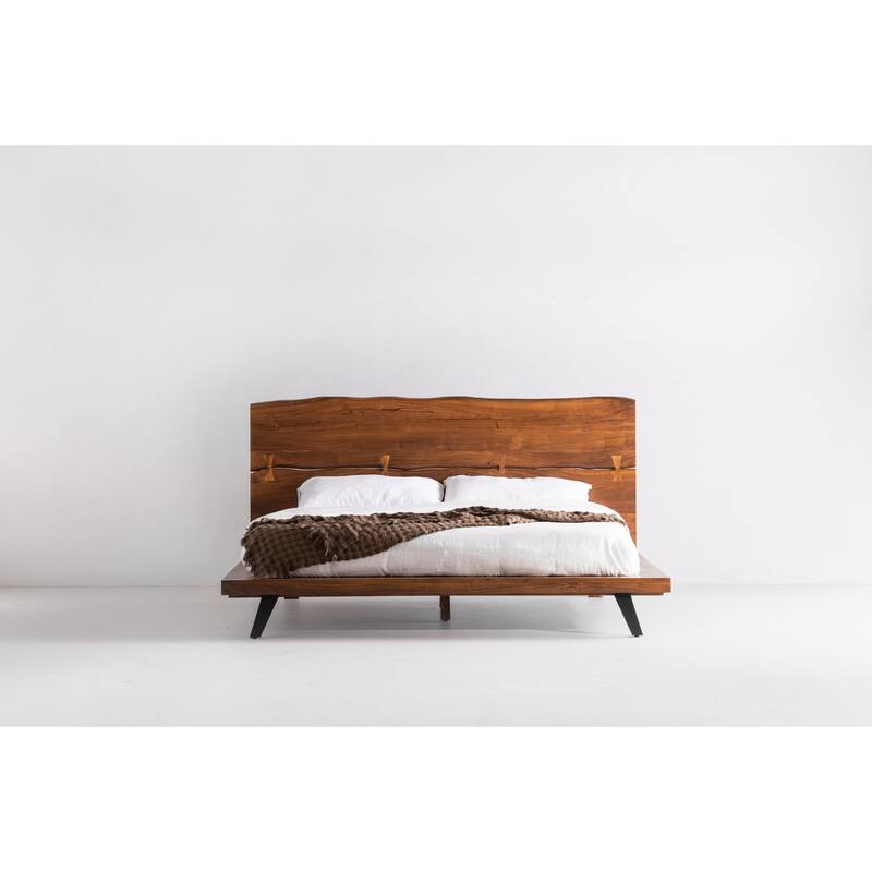 NADAAL STUDIOS Uriel Queen Bed, Solid Acacia Wood, Turned Detailing, Dark Brown