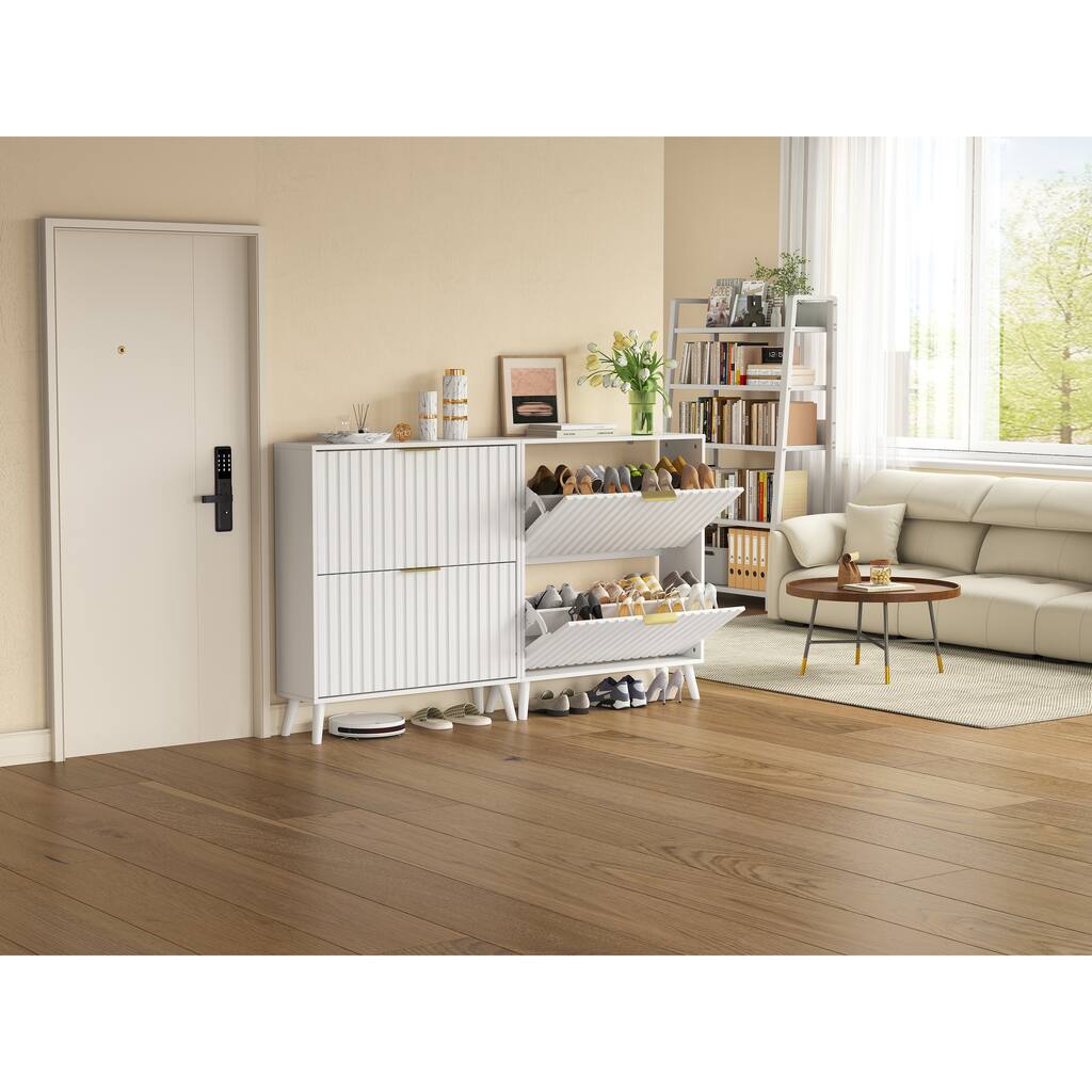 Tipping Bucket Narrow Shoe Cabinet, Multi-functional Shoe Rack Cabinet, Shoe Cabinet with Carved Doors & Solid Wood Legs