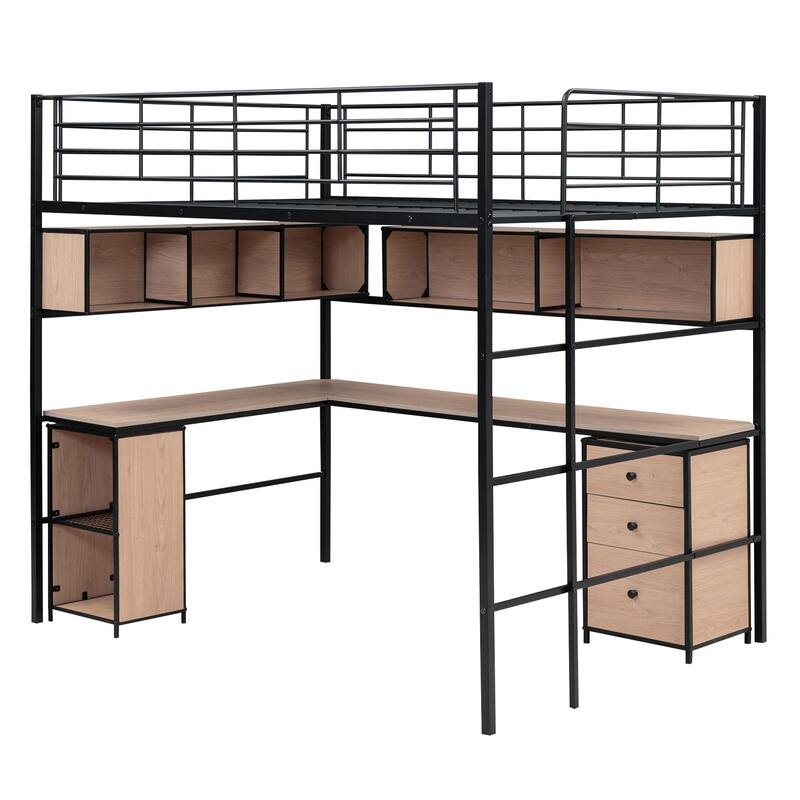 Metal Loft Bed with Bookcase, Desk and Cabinet