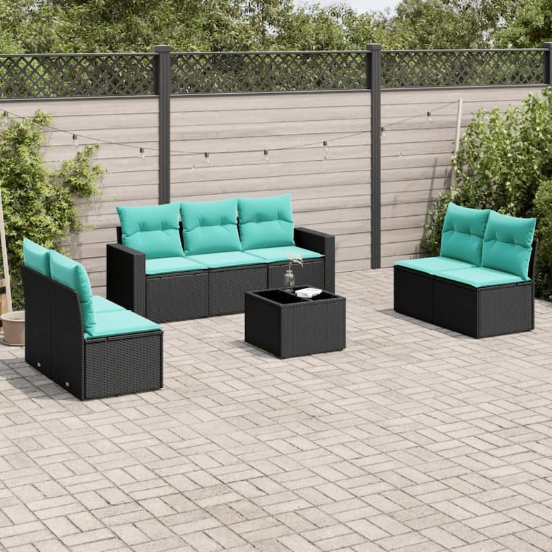vidaXL Patio Sofa Set with Cushions Outdoor Conversation Furniture Poly Rattan - 25.8" x 24.4" x 27.2" - Black and blue with table