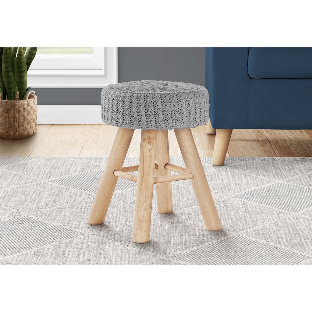 Ottoman, Pouf, Footrest, Foot Stool, 12" Round, Grey Velvet, Natural Wood Legs, Contemporary, Modern