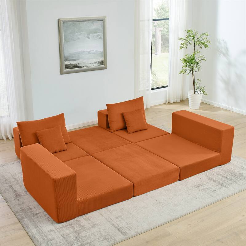 Folding Deep Seat Couch Modular L-shaped Sectional Sofa Corduroy Upholstered Sleeper Sofa Bed with Throw Pillows