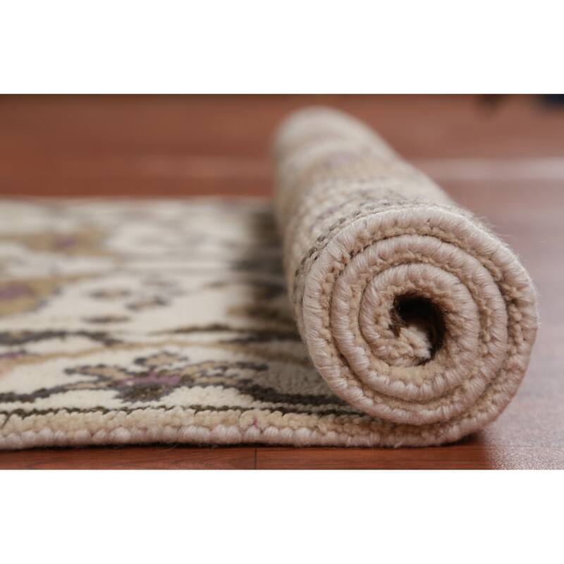 All-Over Ivory Oushak Oriental Runner Rug Handmade Wool Carpet - 2'6" x 7'11"