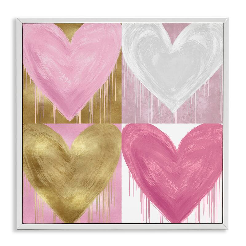 Stupell Pink and Gold Glam Hearts Spray Paint Drip Framed Wall Art - 24 x 24 - White