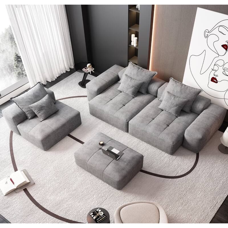 Modern Oversized Chenille Modular Sectional Sofa Tufted Sofa with 6 Pillows and Ottoman for Living Room
