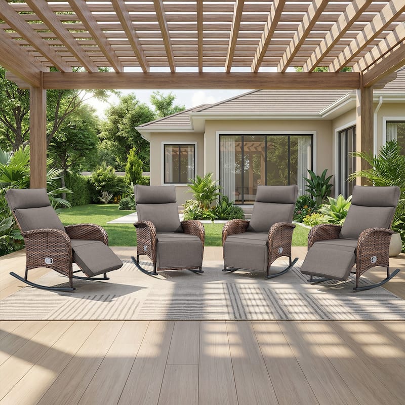 Meyreso Wicker Rocking Reclining Chaise Lounge with Adjustable Backrest & Footrest (4-Pack)