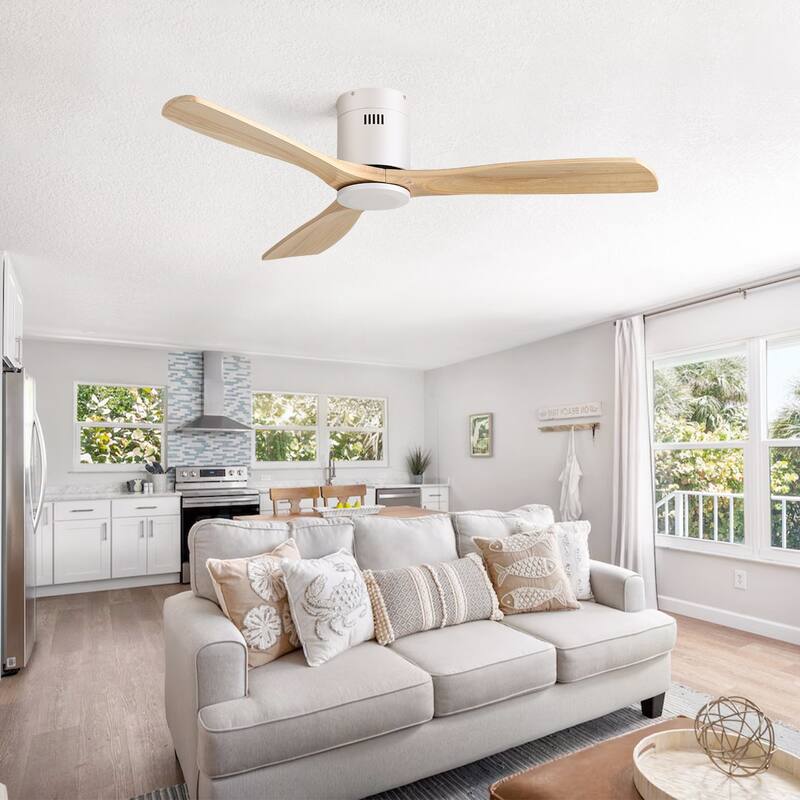 Sofucor 52 Inch Solid Wood Flush Mount Indoor Ceiling Fan without Light,Remote Control,Smart Optional