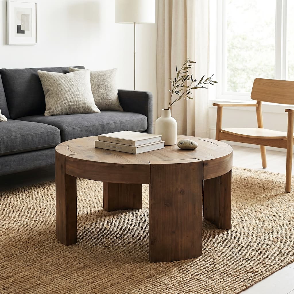 Solid Wood Round Coffee Table, 31.5 Inch Farmhouse Circle Center Cocktail Table